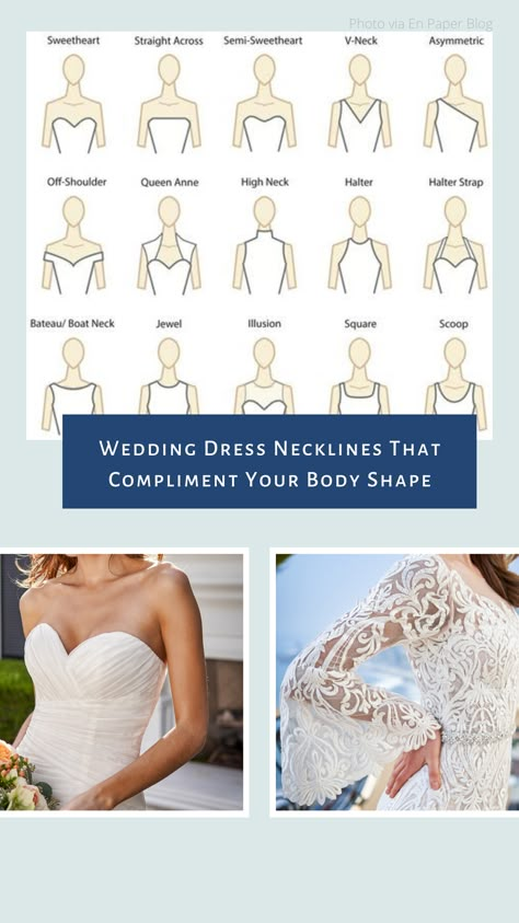 Find the best neckline shapes to compliment your body type. Plus see wedding dress styles and celebrities with the same body type to find your dream dress. Types Of Wedding Dress Sleeves, Flattering Wedding Dress For Small Bust, Wedding Dress Sleeve Types, Wedding Dress Neck Lines Guide, What Style Wedding Dress For My Shape, Wedding Dress For Large Chest, Wedding Dresses For Your Body Type, Wedding Dresses Large Bust Body Shapes, Wedding Dresses For Body Type