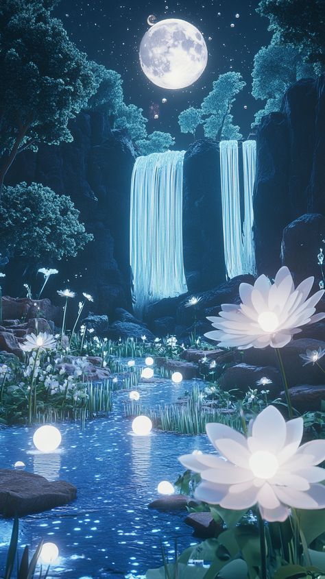 A dreamlike forest with floating crystal orbs, giant luminescent flowers, and an ethereal waterfall cascading from the sky under a kaleidoscopic moonlight. Mystic Waterfall, Ethereal Waterfall, Story Backgrounds, Tea Wallpaper, Crystal Orb, Ethereal Aesthetic, Interactive Stories, Fantasy World, The Sky