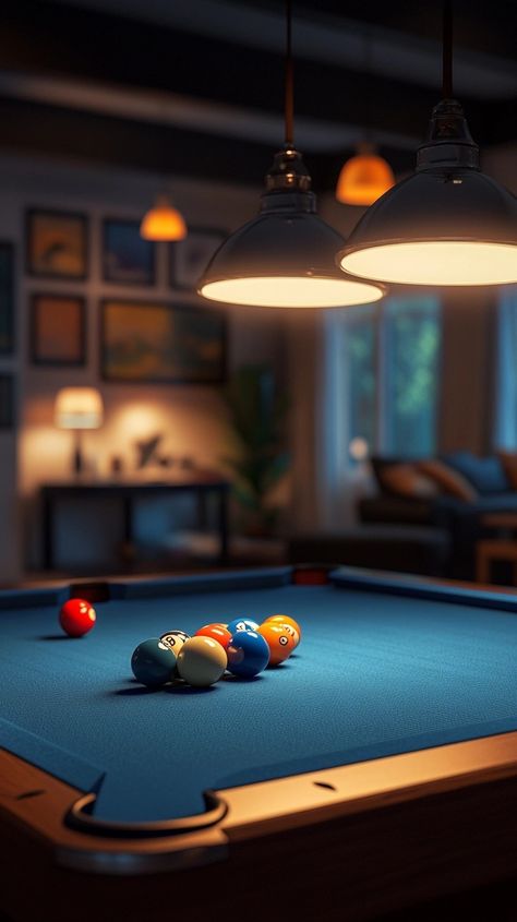 A Pixar-style room with a large pool table in the background and billiard balls on the table. The billiard ball is the main perspective. Pixar style, dim lighting shines on the table, soft light and shadow. Create a competitive atmosphere. This composition emphasizes depth by using perspective, focusing attention on the details within the center frame while allowing other elements to fade into the background. 8K, C4D, Billiards Art, Snooker Room, Billiards Table, Billiard Ball, Large Pool, Elegant Wall Art, 8 Ball, Dim Lighting, Pool Table