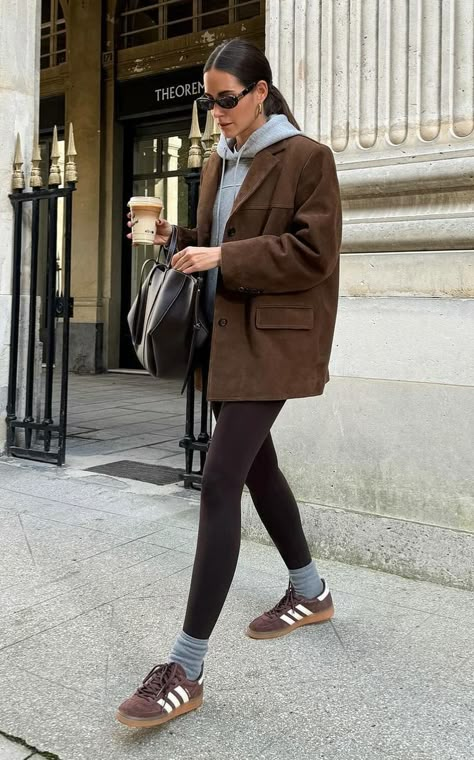 Uk Countryside Outfit, Brown Sneaker Outfits Women, Brown Shirt Winter Outfit, Fun Sneakers Outfit, Thick Brown Belt Outfit, Brown Adidas Campus Outfit, Day In The City Outfit Winter, Colorado In May Outfits, Sambas And Dress Outfit