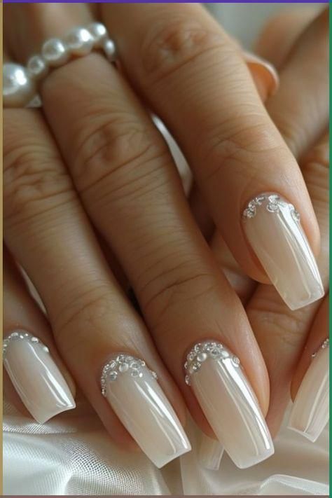 French Nails For Wedding Bride, Bridal Nail Inspiration, Ivory Wedding Nails For Bride, Wedding Nail Designs For Bride 2024, Wedding Bride Nails Ideas, Bride Nails Wedding Elegant, Bride Nail Art, Bridal Nail Ideas, Bridal Manicure