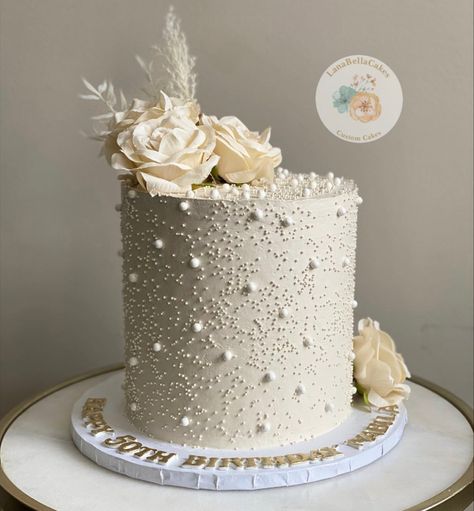 White Pearl Cake Birthday, Pearl Wedding Anniversary Cake, Beige Cake Birthday, Elegant 60th Birthday Cake For Ladies, Pearl Themed Birthday Party, White 30th Birthday Cake, One Tier Birthday Cake, Cake With Pearls And Flowers, Birthday Cake 50th Women