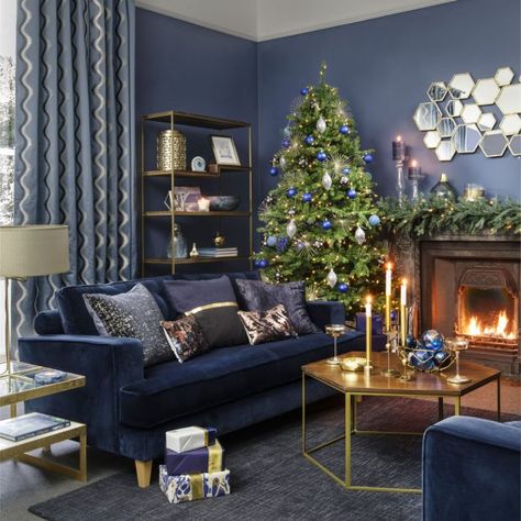 Modern Living Room Pictures | Ideal Home Midnight Blue Christmas, Blue Sofa Living, Blue Sofas Living Room, Living Room Christmas, Living Room Images, Living Room Furnishings, Throw Pillows Living Room, Blue Christmas Tree, Decorating Themes