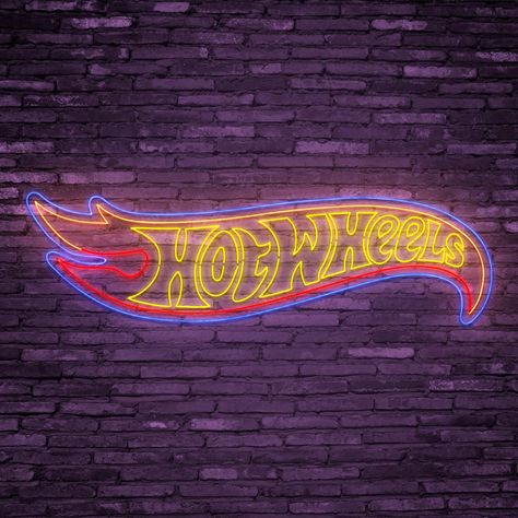 Hot Wheels Sign, Nascar Room, Hot Wheels Bedroom, Wheel Logo, Hot Wheels Garage, Neon Led Sign, Big Boy Bedrooms, Light Up Signs, Logo Wall