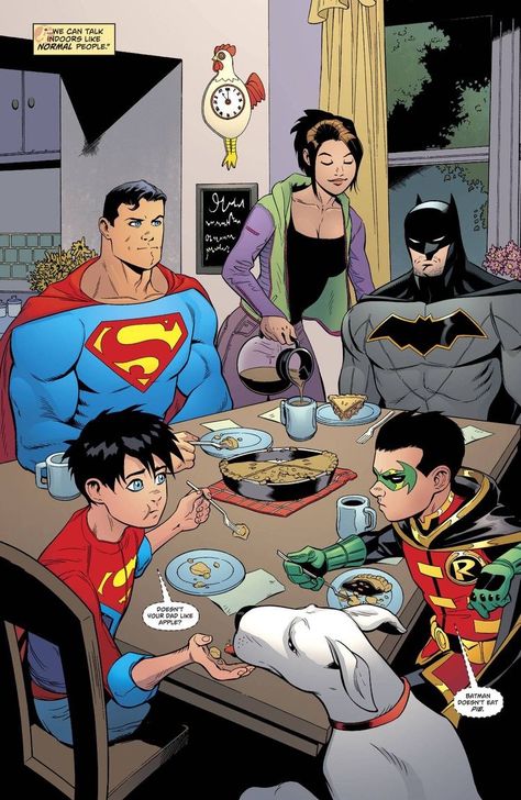 Batman & Robin dinner with Superman, Lois, Superboy, & Krypto Dc Supersons, Super Sons, Talia Al Ghul, Superman Family, Univers Dc, Dc Comics Artwork, Tim Drake, Dc Memes, Damian Wayne