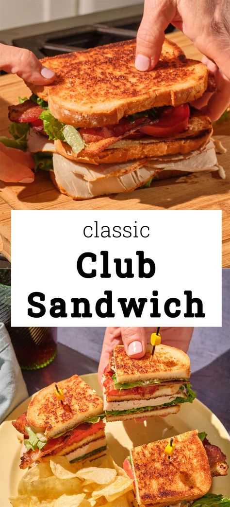 Classic Club Sandwich / Layers of toasted bread, mayo, turkey or chicken, lettuce, bacon, and tomato create the perfect classic American sandwich! Toasted Turkey Sandwich, Turkey Bacon Club Sandwich, American Sandwich Recipes, Club Sandwich Ingredients, Blt Grilled Cheese, American Sandwich, Turkey Club Sandwich, Tasty Sandwiches, Club Sandwich Chicken