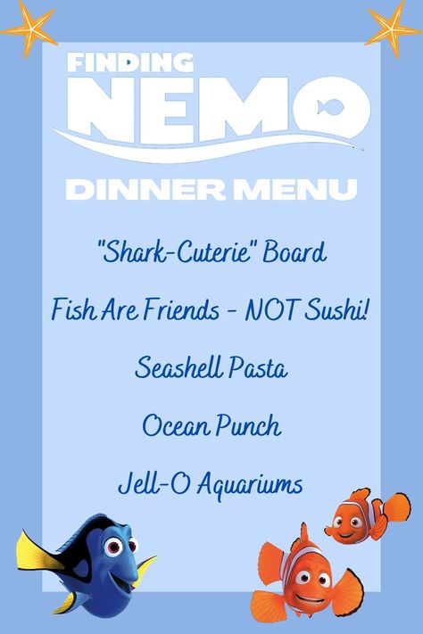 Finding Nemo Dinner Menu featuring "Shark-Cuterie" Board, Fish Are Friends - NOT Sushi, Seashell Pasta, Ocean Punch, and Jell-O Aquariums Finding Nemo Dinner, Disney Movie Themed Dinner, Themed Dinners Ideas, Family Movie Night Themes, Disney Movie Night Menu, Disney Themed Movie Night, Disney Movie Night Food, Disney Themed Food, Disney Movie Night Dinner