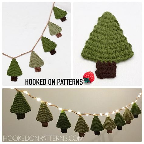 "Make a festive Christmas Tree garland decoration with this free crochet pattern! You can also make individual Christmas trees to use as hanging ornaments, or decorative gift tags. I have used Rico Creative Cotton Aran weight yarn, and a 5mm crochet hook. Each of my trees measure approximately 4” tall by 2.5” wide. You can combine any number of Christmas trees as you like. I have used 9 trees creating a completed garland length of 43”. The trees only use a small amount of yarn each. Approxi Crochet Christmas Garland, Christmas Tree Skirts Patterns, Tree Skirt Pattern, Crocheted Christmas, Crochet Garland, Crochet Xmas, Crochet Christmas Trees, All Free Crochet, Crochet Ornaments