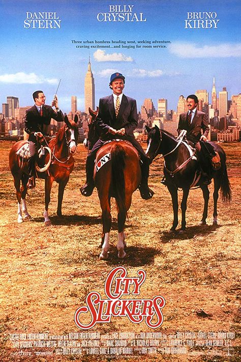 On the verge of turning 40, an unhappy Manhattan yuppie is roped into joining his two friends on a cattle drive in the southwest. City Slickers Movie, Billy Crystal, City Slickers, Movies Worth Watching, I Love Cinema, Cinema Posters, About Time Movie, Love Movie, Comedy Movies