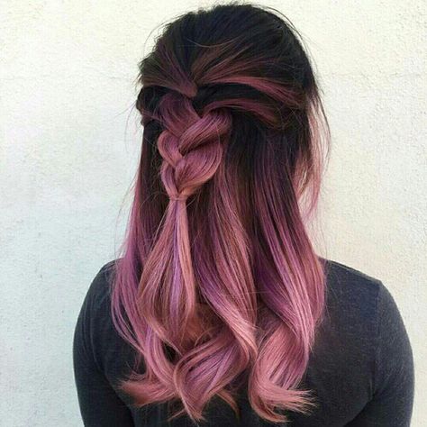 Pinterest// Painting_lines Purple Hair With Lowlights, Color Charm Paints Hair, Dark Hair With Pink Extensions, Rose Gold Ash Brown Hair, Long Colored Hair With Bangs, Spring Hair Highlights For Brunettes, Balayage Hair Fun Colors, Silver Hair With Purple Underneath, Bright Colored Hair Ideas