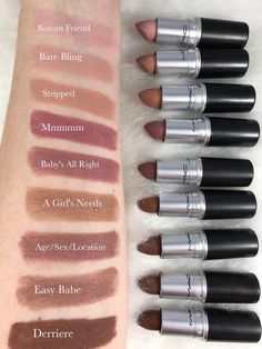 MAC Lipstick Swatches #mac #maclipstick #nudelipstick #nickiminaj #lipstickswatches Mac Swatches, Mac Makeup Looks, Mac Lipstick Swatches, Mac Eye Shadow, Mac Lipstick Shades, Mac Lipsticks, Lipstick Mac, Lipstick Kit, Makeup Mac