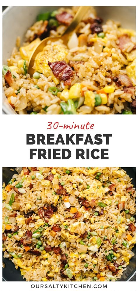 Bacon And Egg Rice Bowl, Bacon Egg And Cheese Fried Rice, Rice Eggs Recipe, Breakfast Fried Rice Skinnytaste, Eggs And Rice Breakfast Healthy, Healthy Rice Breakfast, Breakfast With Rice And Egg, Breakfast Egg Fried Rice, Rice Eggs And Sausage