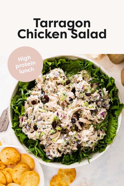 Tarragon Chicken Salad Tarragon Recipes, Protein Salad Recipes, Tarragon Chicken Salad, Greek Yogurt Chicken Salad, Yogurt Chicken Salad, Tarragon Chicken, Slow Cooker Shredded Chicken, Greek Yogurt Chicken, Leftover Chicken Recipes