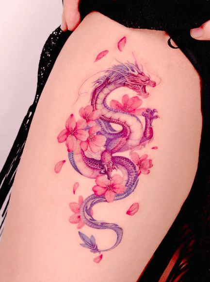 source Watercolor Dragon Tattoo, Red Dragon Tattoo, Bright Tattoos, Dragon Tattoo For Women, 4 Tattoo, Tatuaje A Color, Shoulder Tattoos For Women, Dragon Tattoo Designs, Thigh Tattoos Women