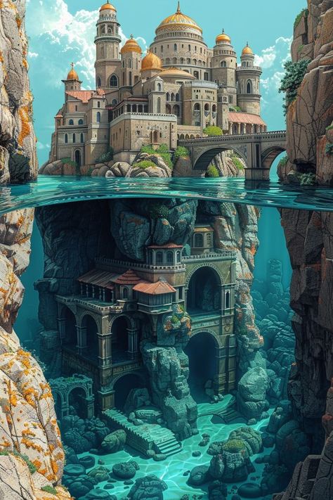 Fantasy City Map, Underwater City, Images Harry Potter, Fantasy House, Fantasy City, Fantasy Castle, Fantasy Setting, Fantasy Places, Fantasy Map