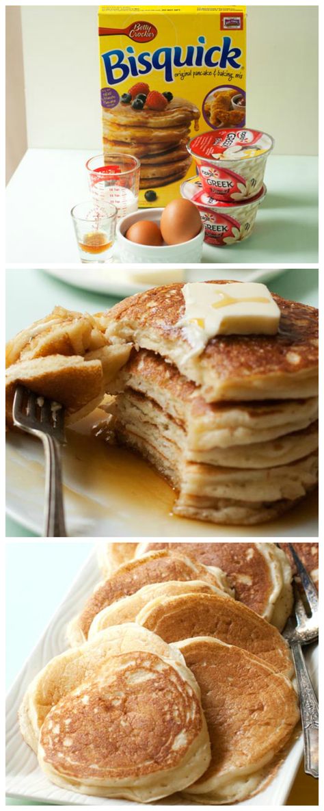 Greek Yogurt Protein Pancakes, Yogurt Protein Pancakes, Vanilla Protein Pancakes, Yogurt Protein, Greek Yogurt Pancakes, Yogurt Pancakes, Bisquick Recipes, Breakfast Goodies, Vanilla Greek Yogurt