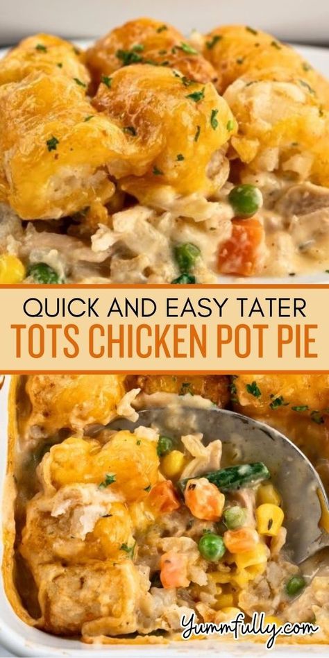 Revolutionize your favorite comfort meal with this quick and easy-to-make Tater Tots Chicken Pot Pie. Who has time to make pie crust when you can use frozen tater tots instead? They add crunch, flavor, and texture to make chicken pot pie a hot item on the dinner menu and it’s a great way to use leftover rotisserie chicken! Frozen Tater Tots, Make Pie Crust, Easy Tater Tots, Chicken Boneless Breast Recipes, Great Chicken Recipes, Leftover Rotisserie, Leftover Rotisserie Chicken, Pot Pies Recipes, Rotisserie Chicken Recipes