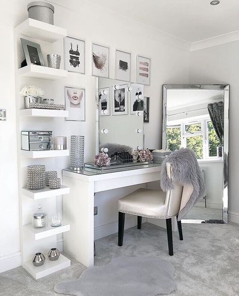 Dressing room goals from @no40_home_renovation featuring our Diaz Hollywood Mirror | Dressing Table | Dressing Table Ideas | Dressing Table Organisation | Dressing Table Decor | Dressing Table Chair | Dressing Table Mirror | Dressing Table Modern | Dressing Table Stool #dressingtable #dressingtables #dressingtablemirror #dressingtablestool #dressingtablemirrors #mirroreddressingtable #dressingtablechair #moderndressingtable #dressingtablewithmirror #dressingtablemirrorwithlights Reka Bentuk Bilik Tidur, Dressing Room Decor, Makeup Room Decor, Bedroom Decor For Teen Girls, White Desk, Vanity Room, Glam Room, Girl Bedroom Designs, Room Goals