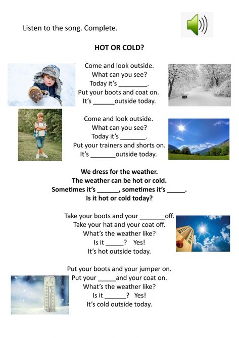 Worksheet For 3rd Grade, Cold Song, Song Worksheet, Weather Song, Weather Like Today, Weather Calendar, Weather Worksheets, Listening Test, Reading For Beginners