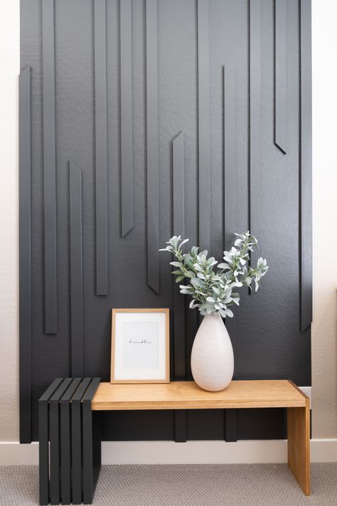 Sharing a fun, weekend DIY project! A modern slat wall design! Stairwell Feature Wall Ideas, Cedar Plank Walls Ideas, Slats Wall, Stairwell Accent Wall, Modern Wall Paneling, Wall Paneling Diy, Accent Wall Designs, Diy Accent Wall, Accent Walls In Living Room