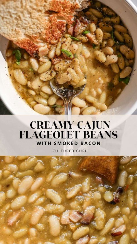 Cajun Flageolet Beans with Smoked Bacon is a delightful dish that combines the earthy richness of flageolet beans with the smoky, savory flavors of bacon. This mouthwatering meal is flavorful, hearty, and comforting. #cajun #beans #bacon Flageolet Beans Recipes, Cajun Beans, Beans And Bacon, Magical Fruit, Smoked Turkey Legs, Cultured Food, Homemade Tortilla, Creamy Chicken Noodle Soup, Lemon Chicken Soup