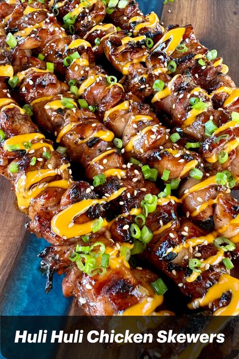 These Huli Huli chicken skewers are the perfect Hawaiian grilling recipe.  Sweet marinade on savory chicken will take you on tropical gateway. Huli Chicken, Huli Huli, Huli Huli Chicken, Grilled Chicken Skewers, Skewers Grill, Kabob Recipes, Summer Grilling Recipes, Recipe Sweet, Savory Chicken