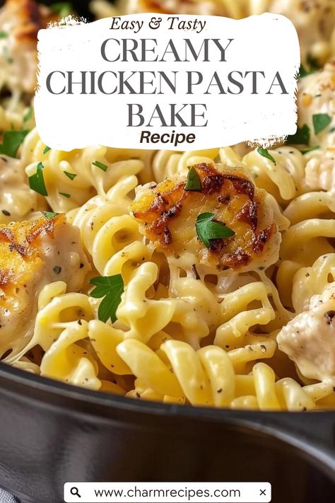 Step-by-Step Guide to Making Creamy Chicken Pasta Bake Recipe Baked Creamy Chicken Mozzarella Pasta, Chicken And Pasta Dishes For Dinner, Chicken Bake Recipes Easy 4 Ingredients, Cream Of Chicken Recipes Pasta, Chicken Bake Ideas, Creamy Chicken With Pasta, Baked Chicken With Pasta, Chicken Pasta Dump And Bake, Chicken Over Pasta Recipes