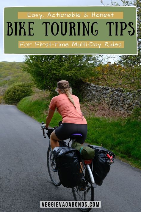 Bicycle touring tips pin, with a girl cycling through the Lake District National Park Bike Touring Packing, Bike Touring Gear, Biking Tips, Runway Aesthetic, Cycle Touring, Electric Cycle, E Bikes, Mt Bike, Cycling For Beginners