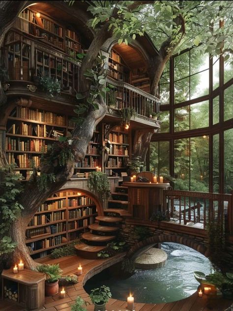 Fantasy Living Room Aesthetic, Pretty Home Library, Fantasy Library Decor, Huge Home Library, Fairy Library Aesthetic, Dream Home Library Aesthetic, Library Skylight, Mythical Library, Dreamy Libraries