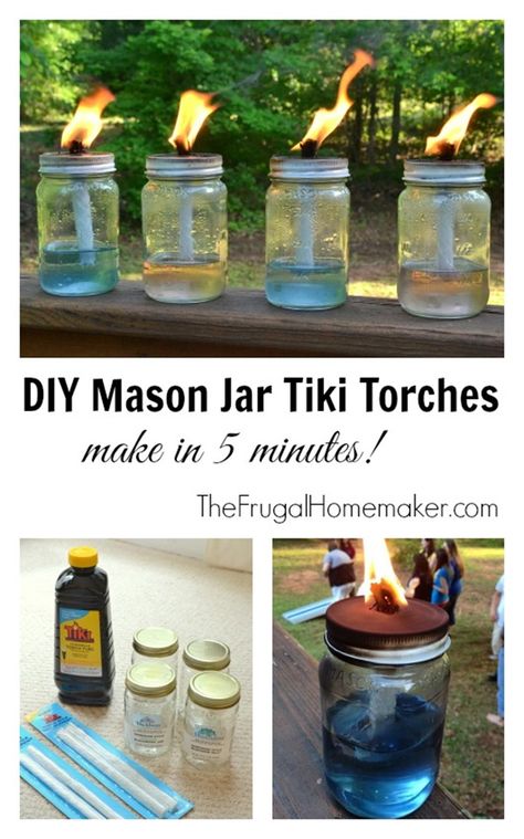 Mason Jar Tiki Torch Diy, Homemade Tiki Torches, Diy Tiki Torch, Torches Tiki, Diy Mason Jar, Mason Jar Projects, Tiki Torches, Jar Diy, Camping Ideas