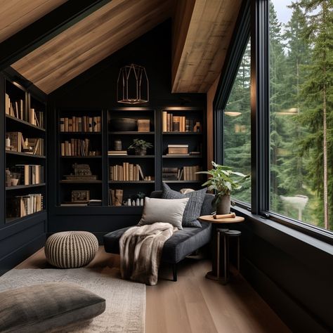 As the sun's gentle rays filter through the windows of the sleek black designed modern farmhouse, you settle into your cozy reading corner,… | Instagram Cabin Room, Mountain Vacation, Decor Western, تصميم للمنزل العصري, Home Library Design, التصميم الخارجي للمنزل, Cabin Living, Vacation House, Hus Inspiration