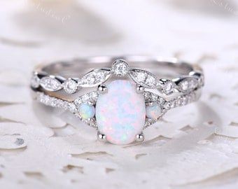 Fire Opal Engagement Ring Vintage Opal Diamond Ring Rose Gold - Etsy Canada Dainty Engagement Ring Set, Opal Diamond Engagement Ring, Opal Wedding Ring Set, White Opal Engagement Ring, Wedding Ring Sets Vintage, Opal Engagement Ring Set, Opal Ring Vintage, Rose Gold Opal Ring, October Birthstone Jewelry