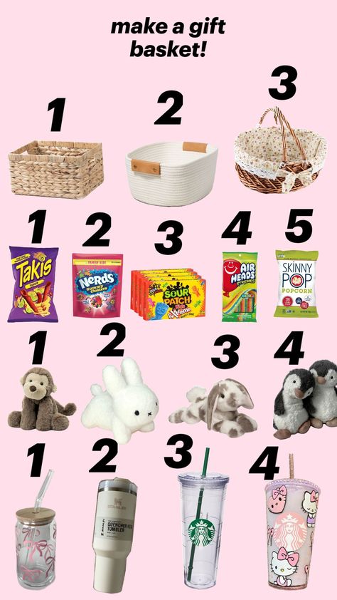 make a gift basket! comment below your combo. How To Pack A Gift Basket, Bestie Basket Gift Ideas, Cheap Christmas Wishlist Ideas, How To Make A Gift Basket, Cute Basket Ideas, Diy Birthday Basket, Macy Aesthetic, Cheap Gift Basket Ideas, Small Gift Basket Ideas