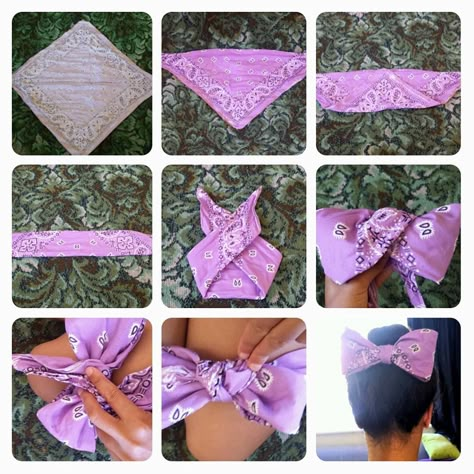 How To Make A Bow With A Bandana, Bandana Bows Diy, Diy Bandana Headband, Bandana Hairstyles Short, Cheer Bows Diy, Bandana Crafts, Bandana Bow, Upcycle Clothes Diy, Rockabilly Hair