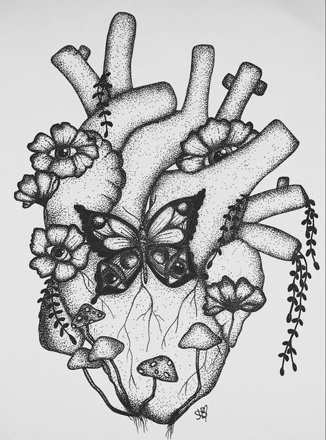 Trippy Heart Drawing, Mushroom Sketch Trippy, Trippy Sketches, Trippy Mushroom Drawing, Trippy Sketch Ideas, Heart Mushroom, Flower Eyes, Patch Sleeve, Tatts Ideas