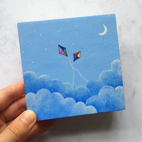 Cute Blue Paintings, Mini Paintings Aesthetic, Mini Acrylic Paintings Easy, Simple Mini Canvas Paintings, Mini Canvas Art Easy Cute, Tiny Canvas Art, Acrylic Sky Painting, Mini Canvas Art Ideas, Mini Tela