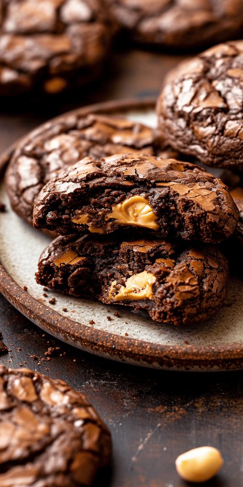 Peanut Butter Filled Brownie Cookies [30 Minutes] - Chasety Cookies Aesthetic Photography, Cookies Photography Ideas Inspiration, Gourmet Cookies Recipes, Gourmet Biscuits, Butter Cake Cookies, Gooey Cookies, Cookie Recipes Unique, Peanut Recipes, Chocolate Peanut Butter Cookies