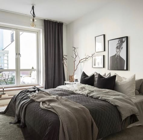 Grey Comforter Bedroom, Tan Bedroom, Black And Grey Bedroom, Male Bedroom Ideas, Scandinavian Style Bedroom, Bedroom Decor Dark, Mens Bedroom Decor, Neutral Bedroom Decor, Masculine Bedroom