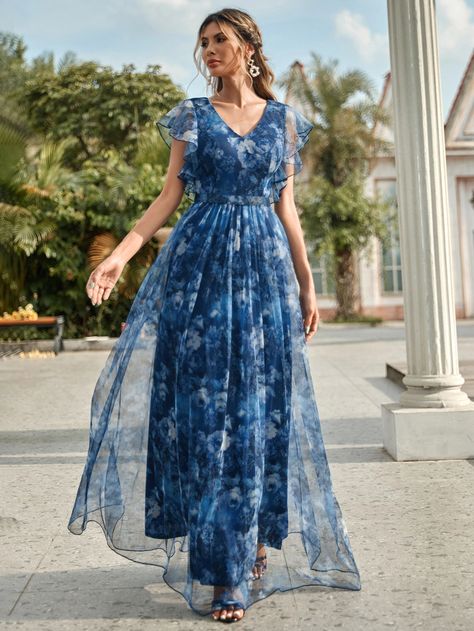 Floral Print Flutter Sleeve Mesh Dress | SHEIN USA Anarkali Designs, Evening Gala, Stunning Bridesmaid Dresses, Long Frocks, Evening Gowns Elegant, Frock Design, Gowns With Sleeves, Pure Beauty, Short Wedding Dress