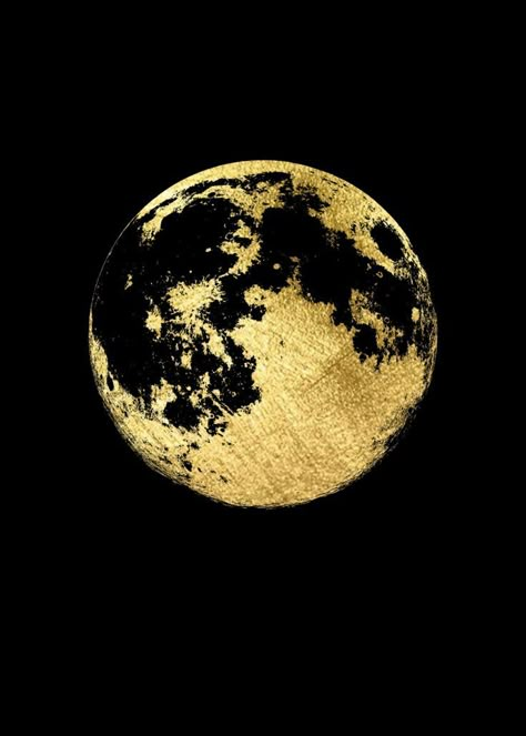 Gold Moon Art, Gold Leaf Moon Painting, Black Gold Painting Canvas Art, Gold Moon Painting, Gold Moon Aesthetic, Gold And Black Painting, Werewolf Card, Gold Drawing, Moon Silhouette