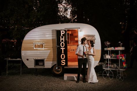 Photo Booth Trailer, Vintage Camper Photo Booth, Camper Photo Booth, Deer Park Villa, Redwood Forest Wedding, Open Air Photo Booth, Vintage Photo Booth, Photo Booth Business, Forest Wedding Venue