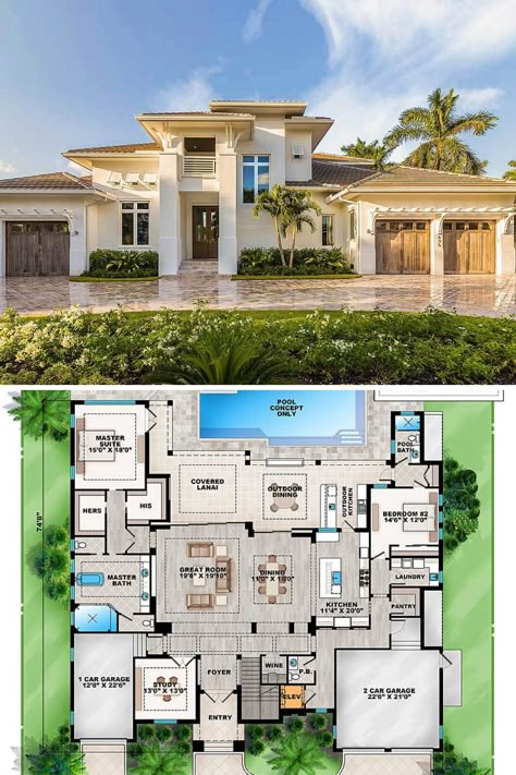 This is a 2 story Florida house plan for a beautiful 4 bedroom, 4.5 bathroom, & 4346 sq ft modern Florida style home. Shown is the gorgeous luxury mansion exterior and courtyard. Included are minimalist southern interior design and decor ideas. Get the full open floor plan layout & blueprint at: https://www.architecturaldesigns.com/house-plans/grand-florida-house-plan-86041bw?cjevent=968cdcad9ee211ea82ae0bdb0a180513 #blueprint #floorplan #2story #TwoStory #FloridaHomes House 5 Bedroom Floor Plans, Big House Plans Modern, Modern House Blueprints Floor Plans, Modern Mansion Floor Plan 2 Story, 5 Bedroom Mansion Floor Plans, Big House Layouts 2 Story, Big House Plans Luxury Home Design, 5 Bedroom House Floor Plan 2 Story With Pool, Florida House Plans One Story Open Floor