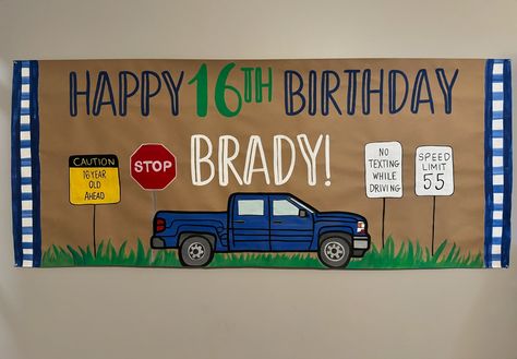 www.Poshgiftandparty.com #handpaintedbanner #paintedbanner #birthdaybanner #16thbirthday #dinoparty #dinosaurbirthday Painted Banner, Boy 16th Birthday, Paint Font, Birthday Painting, Its A Boy Banner, Happy 16th Birthday, Sixteenth Birthday, Birthday Banners, New Driver