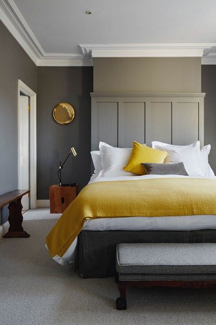 Discover bedroom ideas on HOUSE - design, food and travel by House & Garden. Mustard textiles complement grey walls in this London house. Mustard Bedroom, Yellow Bedroom, Hobby Room, Trendy Bedroom, Gray Bedroom, Spare Bedroom, Stylish Bedroom, Remodel Bedroom, Main Bedroom