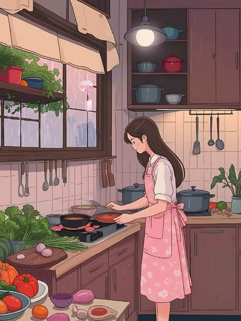 Aesthetic Cooking Pictures, Dreamy Artwork, Cute Cartoon Images, Cartoon Painting, Easy Drawings Sketches, Girly Art Illustrations, Painting Of Girl, Digital Art Illustration, Kawaii Wallpaper