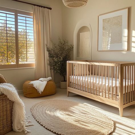 A cozy nursery with warm neutral tones like sandy beige and light tan. The room includes a tan crib, beige walls, and a soft rug. The space feels comfortable and nurturing, with warm natural light enhancing the cozy atmosphere Modern Mediterranean Nursery, Neutral Wood Nursery, Den Nursery Ideas, Sophisticated Gender Neutral Nursery, Rustic Nursery Ideas Neutral, Natural Boho Nursery, Nursery With Nanit, Oak Crib Nursery Ideas, Light Brown Nursery Walls