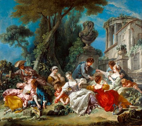 "The Bird Catchers," François Boucher, 1748. Oil on canvas. | In the 1700s, small birds played an important symbolic role in courtship ritual: the gift of a caged bird from a man to a woman signified her capture of his heart. Posed in front of the ruins of a temple to Vesta, young aristocratic women dressed in exquisite finery play with small birds; some still hold them on strings while others daintily hold them on their fingers. Jean Antoine Watteau, Francois Boucher, Rococo Art, Ceiling Murals, Getty Museum, Oil Painting Reproductions, Painting Reproductions, Museum Collection, Rococo