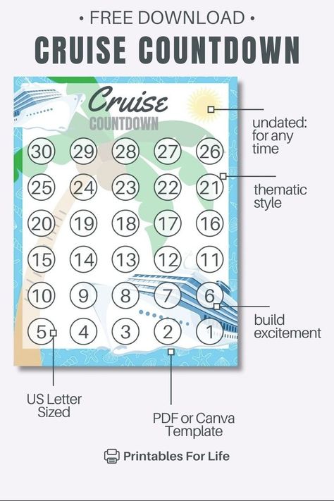 One month until your cruise! Use this 30-day printable countdown with ocean graphics like boats, anchors, waves. Mark off days in color or black and white. Cruise Countdown Printable, Handwriting Paper Printable, Cruise Countdown, Printable Calendar Numbers, Vacation Countdown, Birthday Tracker, Handwriting Paper, Calendar Numbers, Tracker Free