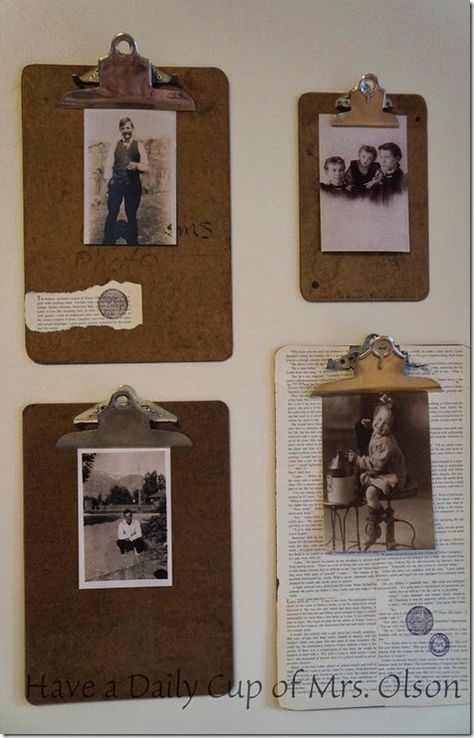 Clipboard Picture Display, Altered Clipboard Ideas, Vintage Clipboard Ideas, Repurpose Clipboard, Clipboard Wall Art, Altered Clipboards, Clipboard Wall, Altered Art Canvas, Display Family Photos