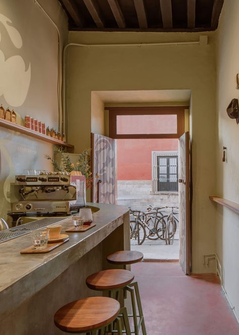 Narrow Cafe Interior, Tiny Cafe Design Interiors, Juice Bar Design Interiors Small Space, Small Cafe Bar Design, Narrow Cafe Design, Crepe Cafe Design, Narrow Coffee Shop, Coffee Bar Small Space, Cute Cafes Aesthetic